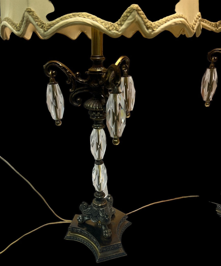 Brass Lamp w/ Large Crystal Pendants Antique Footed Lamp Vintage Set of 2