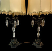 Brass Lamp w/ Large Crystal Pendants Antique Footed Lamp Vintage Set of 2