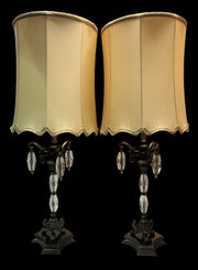 Brass Lamp w/ Large Crystal Pendants Antique Footed Lamp Vintage Set of 2