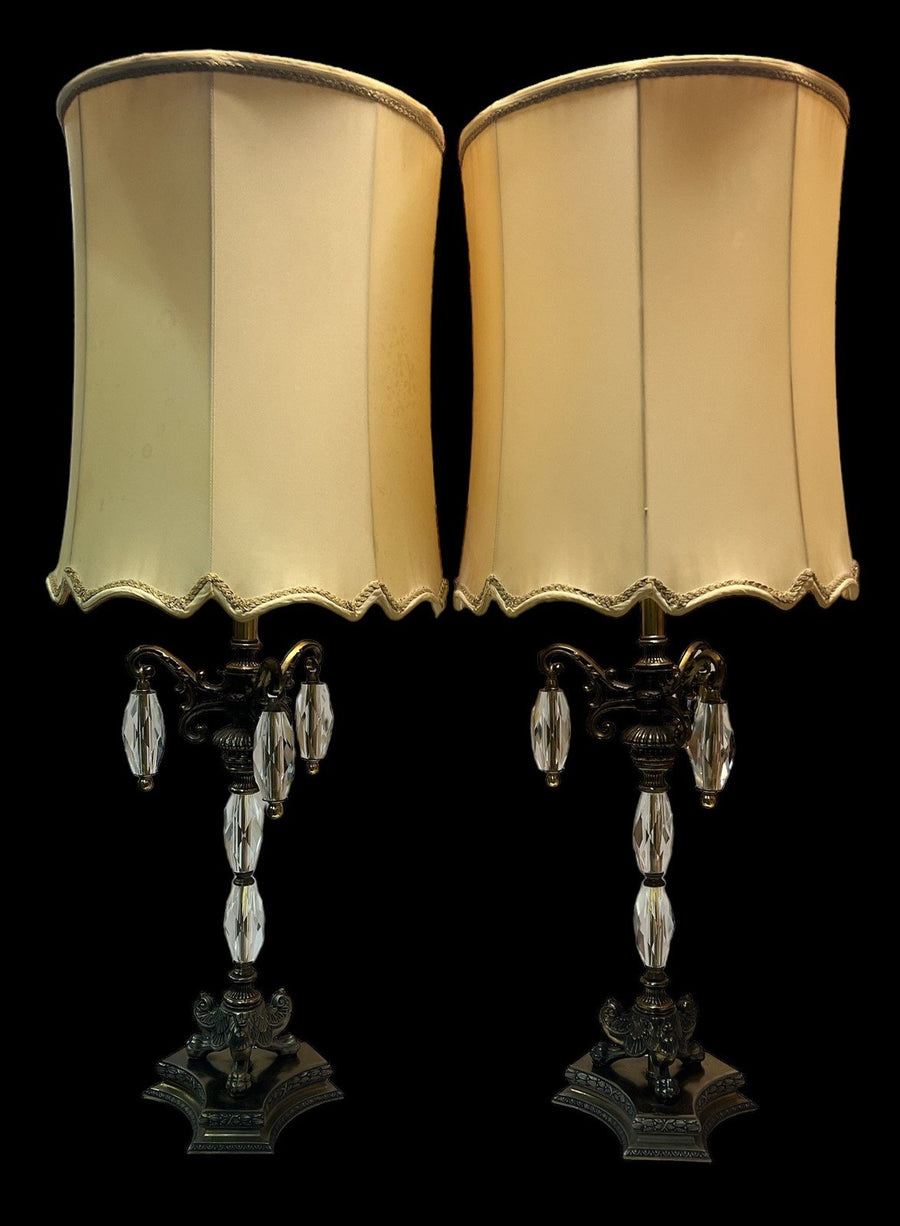 Brass Lamp w/ Large Crystal Pendants Antique Footed Lamp Vintage Set of 2