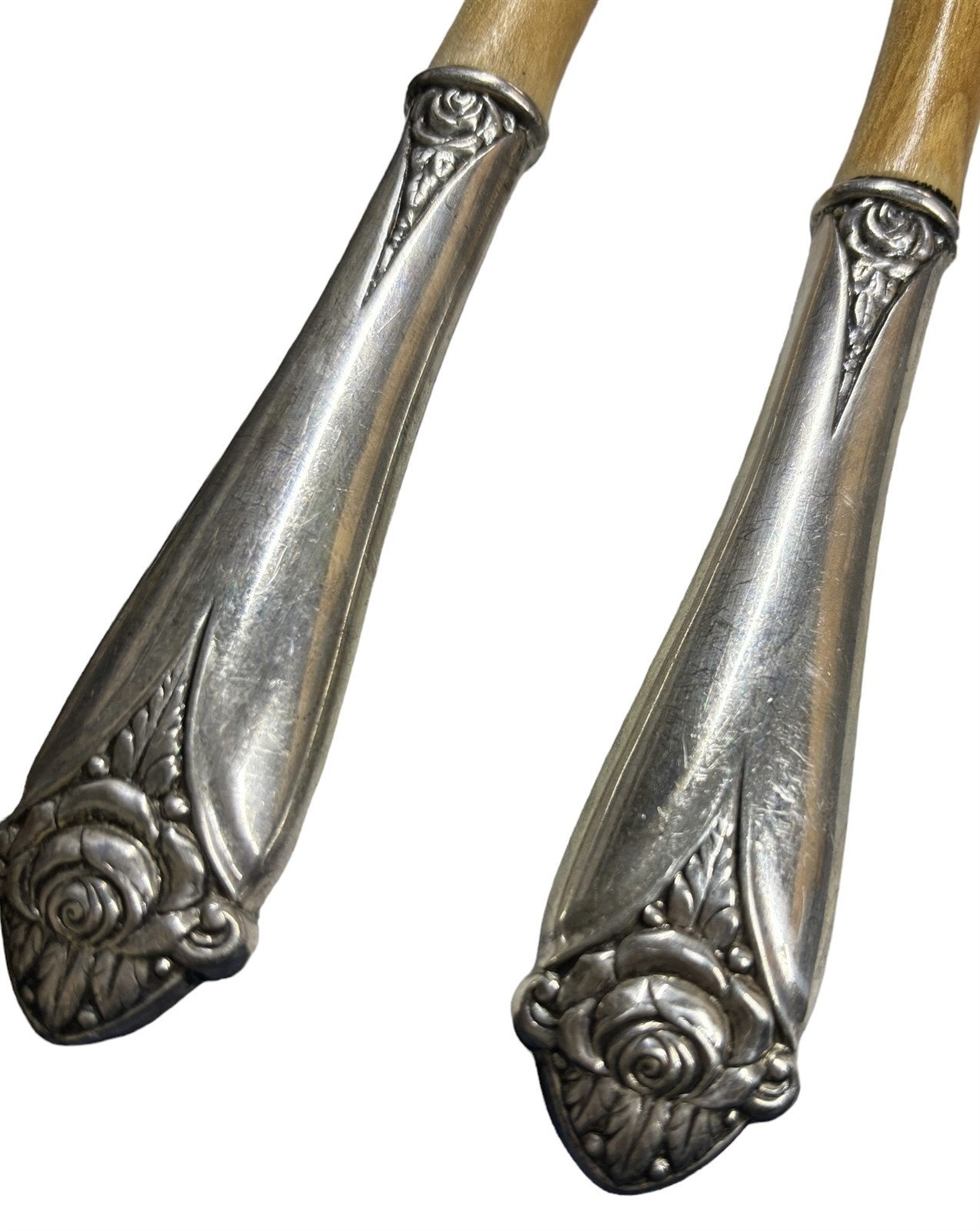 Sterling Silver Serving Spoon Fork Salad Servers Teakwood Rose Pattern Handle
