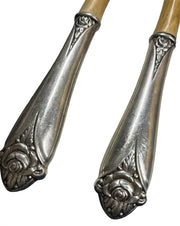 Sterling Silver Serving Spoon Fork Salad Servers Teakwood Rose Pattern Handle