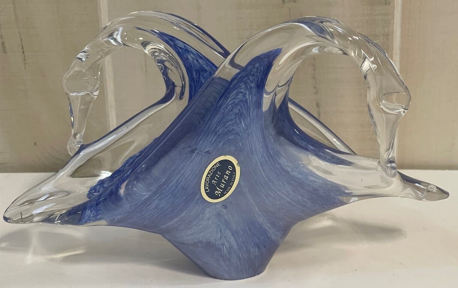 Art Murano Blue Glass Swan Napkin Holder w/ Sticker Vintage Lavorazione Italy