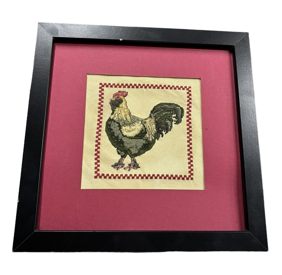 Needle Point Rooster Stitched Art Wall Decor Black Frame