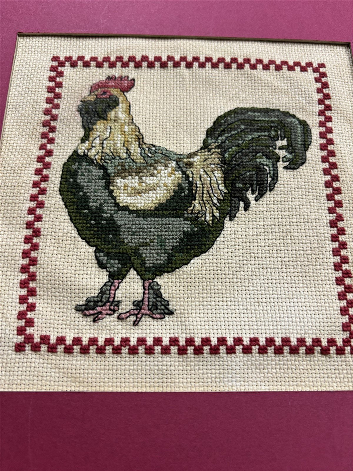 Needle Point Rooster Stitched Art Wall Decor Black Frame