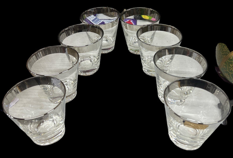 Double Shot Glasses Antique Queens Lusterware Vintage Silver Rim Set of 8