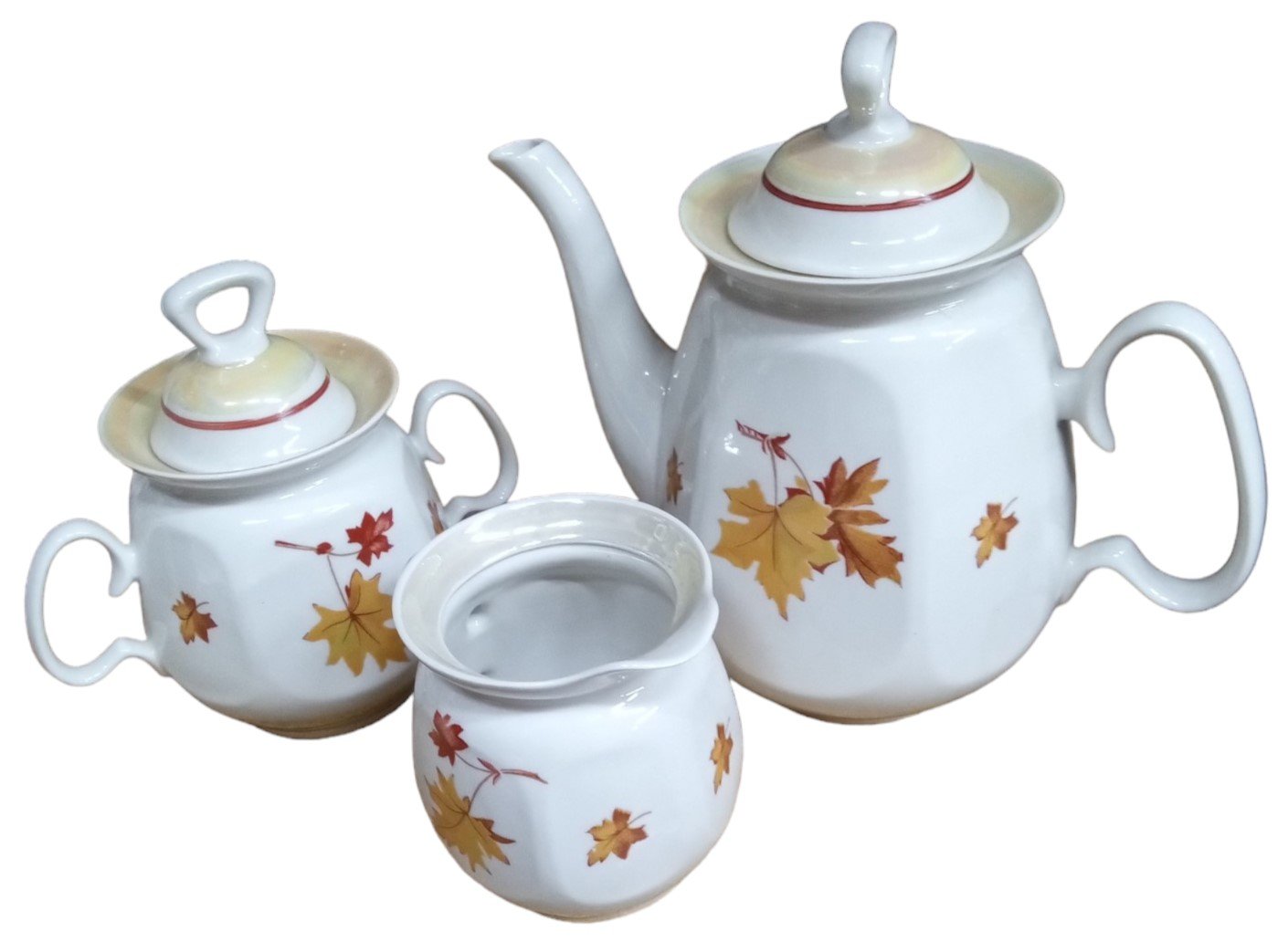 Autumn Leaves Teacups Saucers Lidded Creamer Lidded Sugar Bowl Vintage 14 Pcs