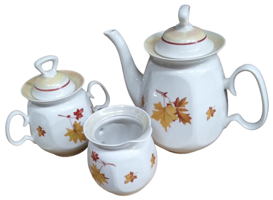 Autumn Leaves Teacups Saucers Lidded Creamer Lidded Sugar Bowl Vintage 14 Pcs