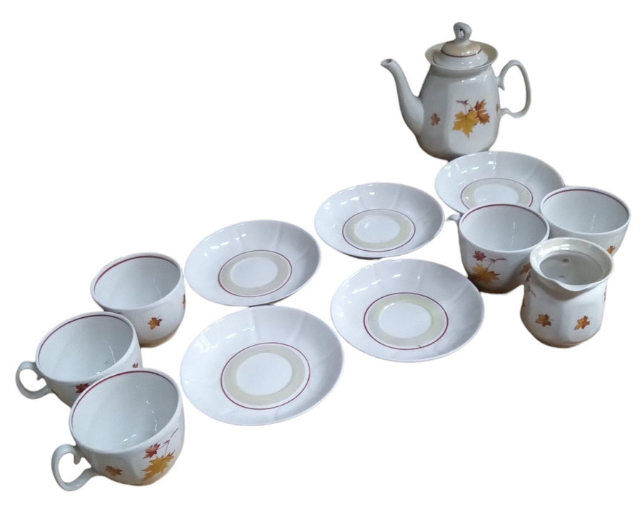 Autumn Leaves Teacups Saucers Lidded Creamer Lidded Sugar Bowl Vintage 14 Pcs