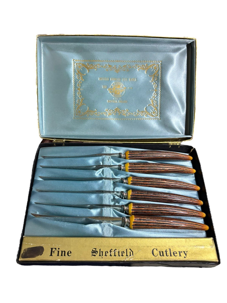 Sheffield Cutlery Steak Knife Set Stainless Steel Bakelite? Faux Stag Horn 6 Pc