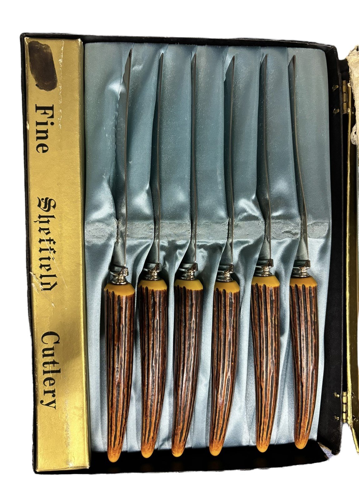 Sheffield Cutlery Steak Knife Set Stainless Steel Bakelite? Faux Stag Horn 6 Pc