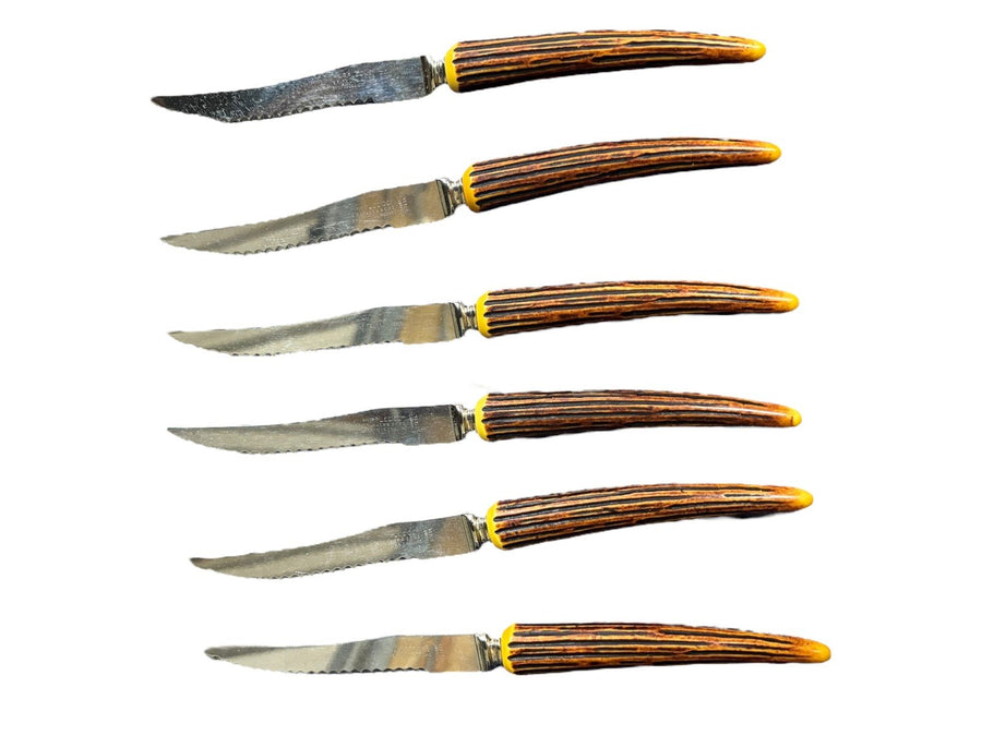 Sheffield Cutlery Steak Knife Set Stainless Steel Bakelite? Faux Stag Horn 6 Pc