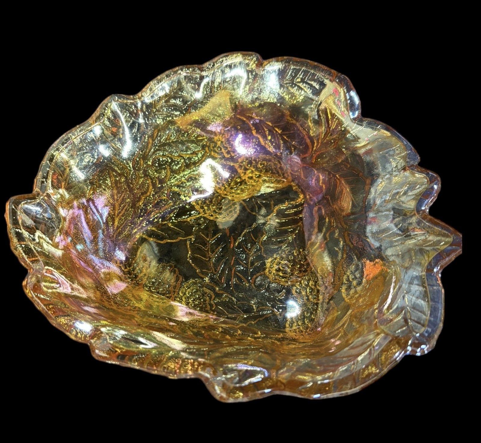 Carnival Glass Dishes Duo Floral Ruffled Edge Grapes Marigold Candy Tray Bowls
