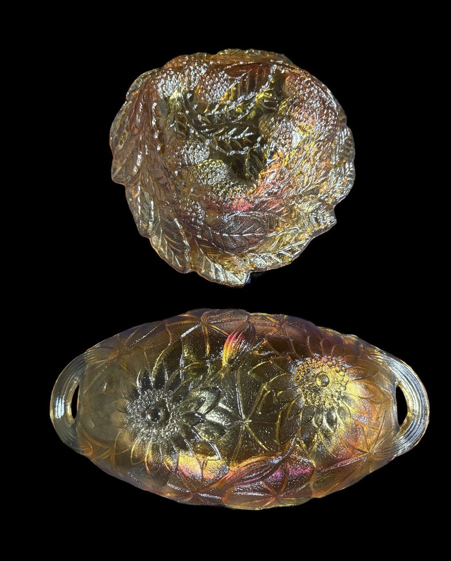Carnival Glass Dishes Duo Floral Ruffled Edge Grapes Marigold Candy Tray Bowls