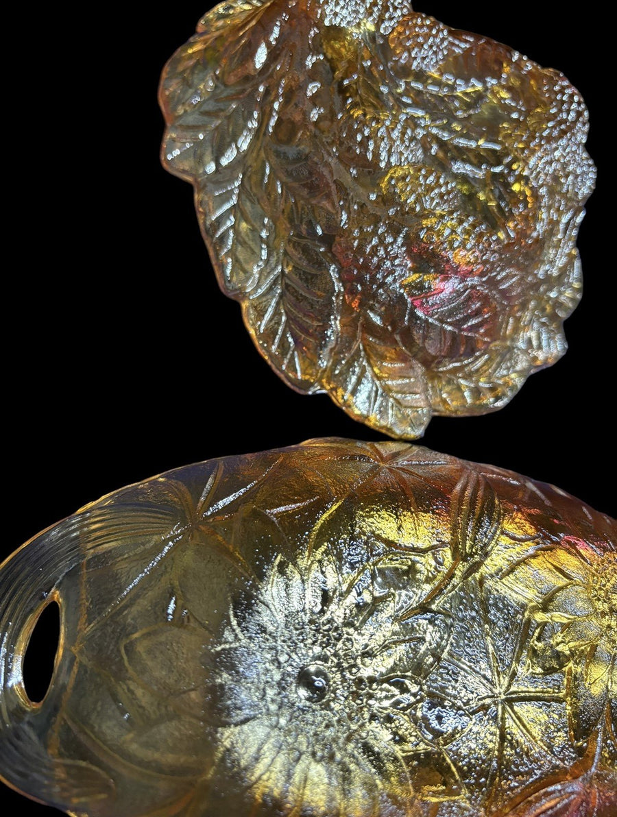 Carnival Glass Dishes Duo Floral Ruffled Edge Grapes Marigold Candy Tray Bowls