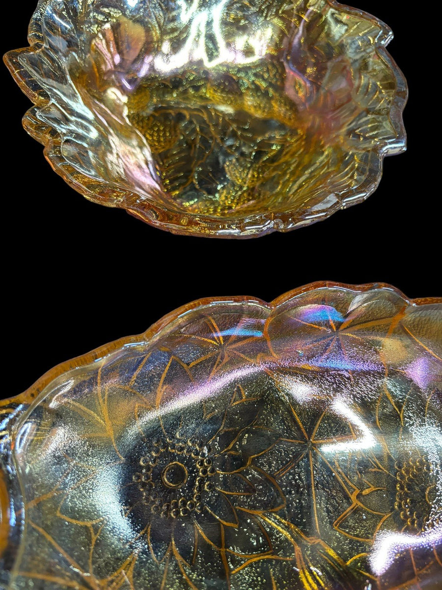 Carnival Glass Dishes Duo Floral Ruffled Edge Grapes Marigold Candy Tray Bowls