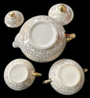 Creamer Teapot Lidded Sugar Bowl Vintage Beige Gold Floral Design 5 Pcs