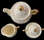 Creamer Teapot Lidded Sugar Bowl Vintage Beige Gold Floral Design 5 Pcs