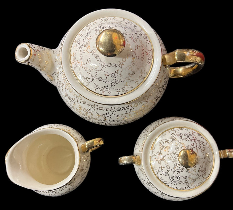 Creamer Teapot Lidded Sugar Bowl Vintage Beige Gold Floral Design 5 Pcs
