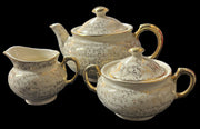 Creamer Teapot Lidded Sugar Bowl Vintage Beige Gold Floral Design 5 Pcs