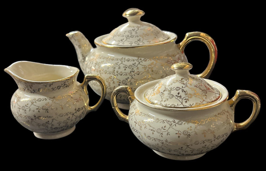 Creamer Teapot Lidded Sugar Bowl Vintage Beige Gold Floral Design 5 Pcs