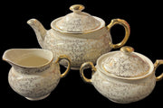 Creamer Teapot Lidded Sugar Bowl Vintage Beige Gold Floral Design 5 Pcs