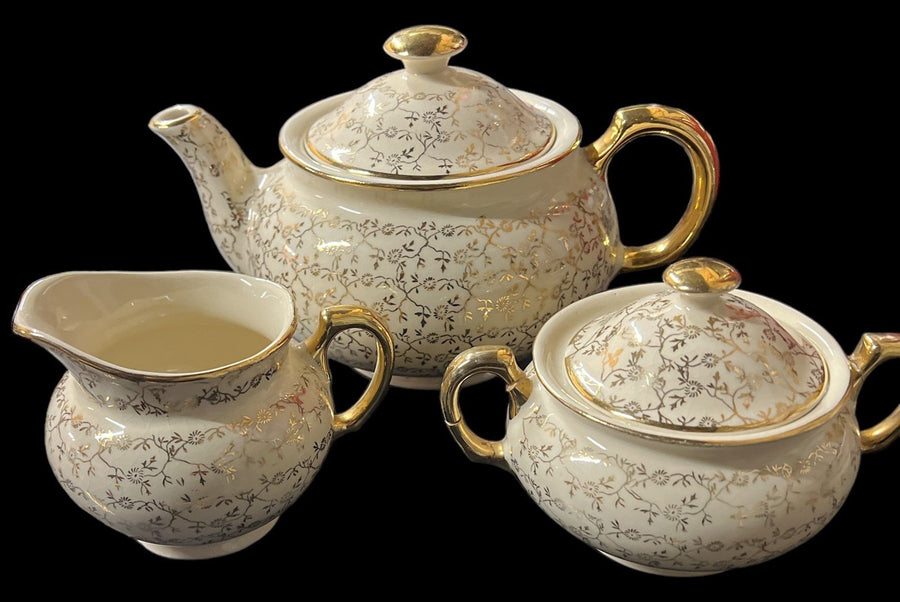 Creamer Teapot Lidded Sugar Bowl Vintage Beige Gold Floral Design 5 Pcs