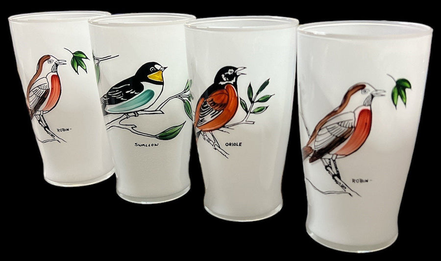 Birds Frosted Glasses Antique Oriole Robin Swallow Vintage Set of 4