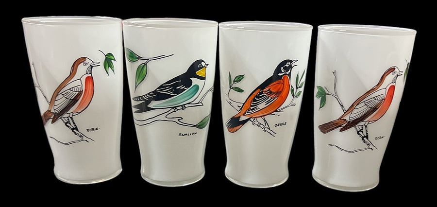 Birds Frosted Glasses Antique Oriole Robin Swallow Vintage Set of 4