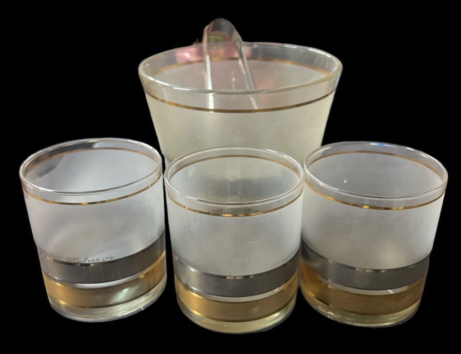 Culver Ice Bucket Tongs Antique Frosted Vintage Set of 3 Glasses