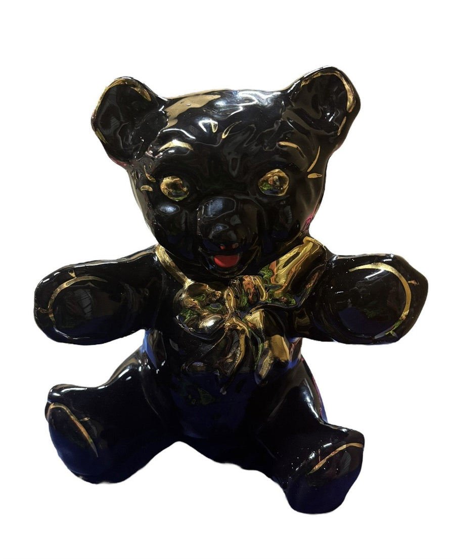 Pearl China Teddy Bear Bank Black Gold Bows Home Decor