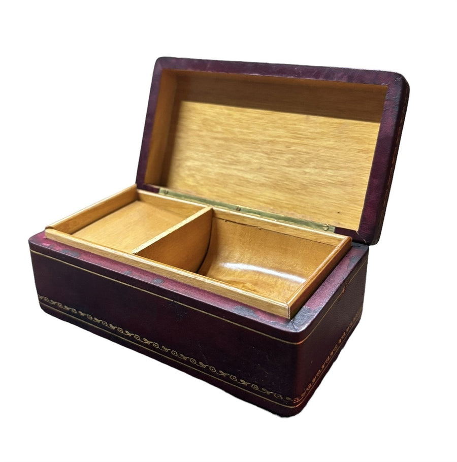 Jewelry Box Vintage Maroon Exterior Gold Detailing Wooden Interior