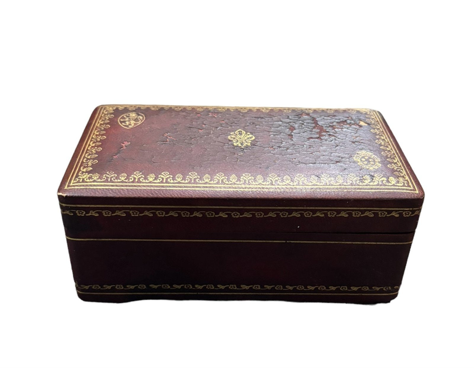 Jewelry Box Vintage Maroon Exterior Gold Detailing Wooden Interior