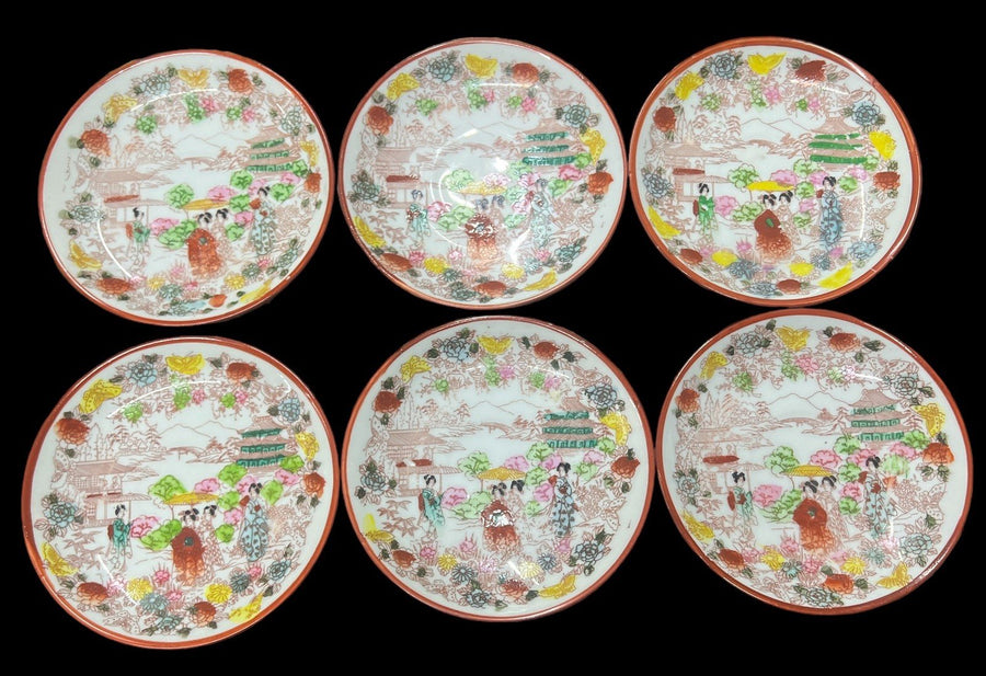 Japanese Women and Pagoda Saucers Antique Made in Japan Vintage Set of 6