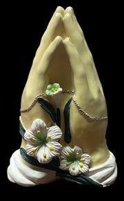 Ceramic Praying Hands Vintage Catholic Crucifix Floral Design