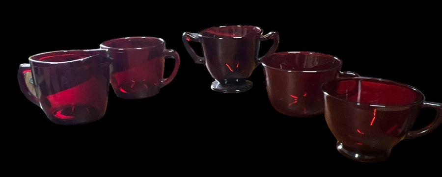 Ruby Red Glass Antique Anchor Hocking Vintage Sugar Bowl Creamer Cups Set of 5