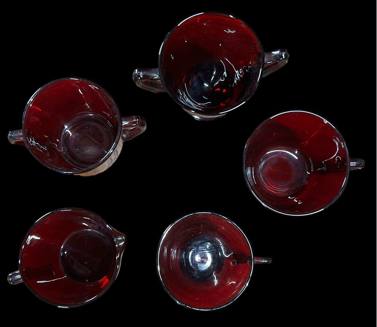 Ruby Red Glass Antique Anchor Hocking Vintage Sugar Bowl Creamer Cups Set of 5