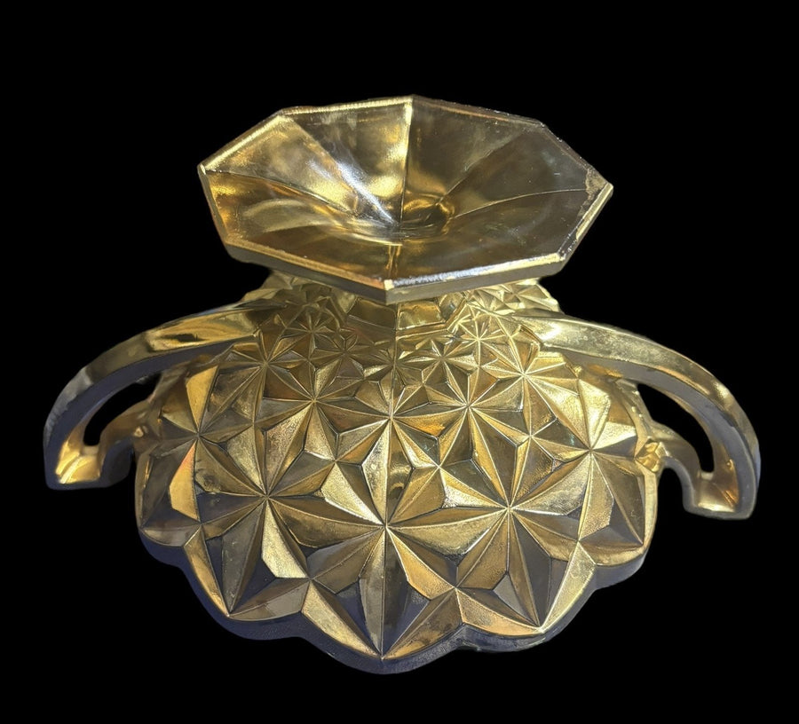 Gold Painted Glass Geometric Handled Candy Dish Scalloped Rim