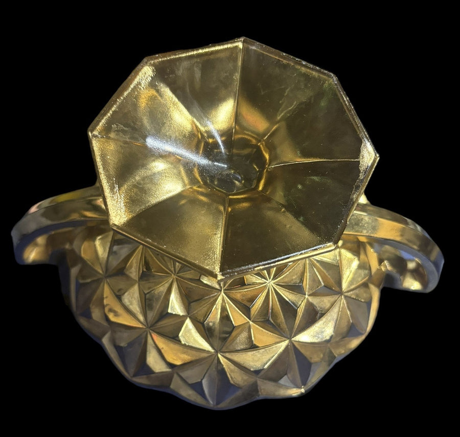 Gold Painted Glass Geometric Handled Candy Dish Scalloped Rim