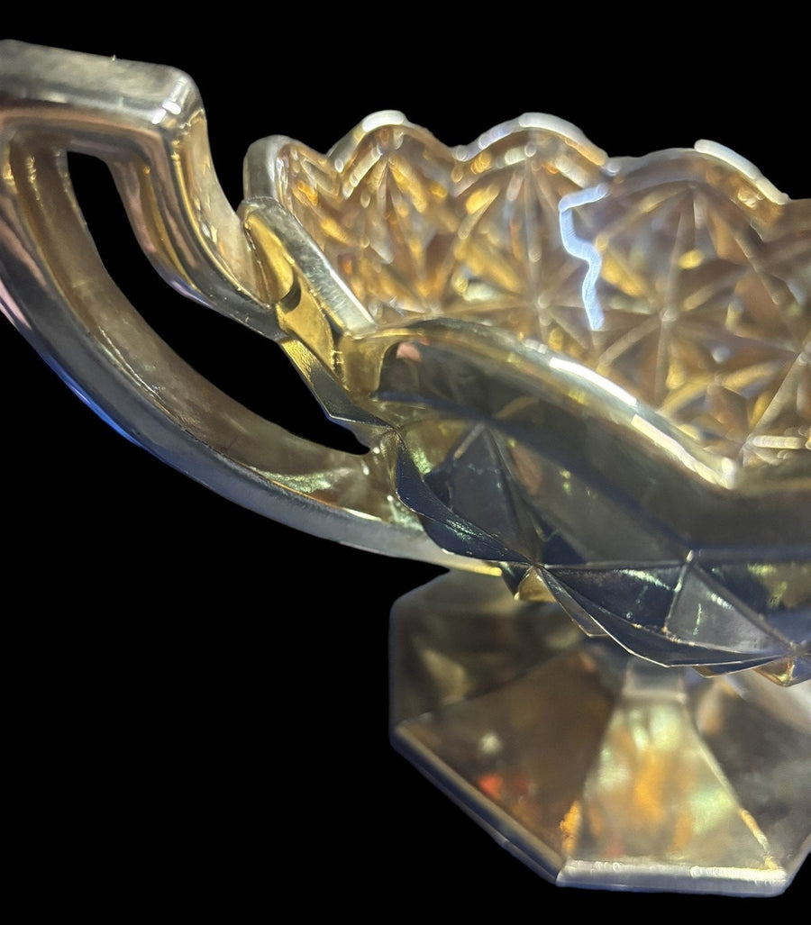 Gold Painted Glass Geometric Handled Candy Dish Scalloped Rim