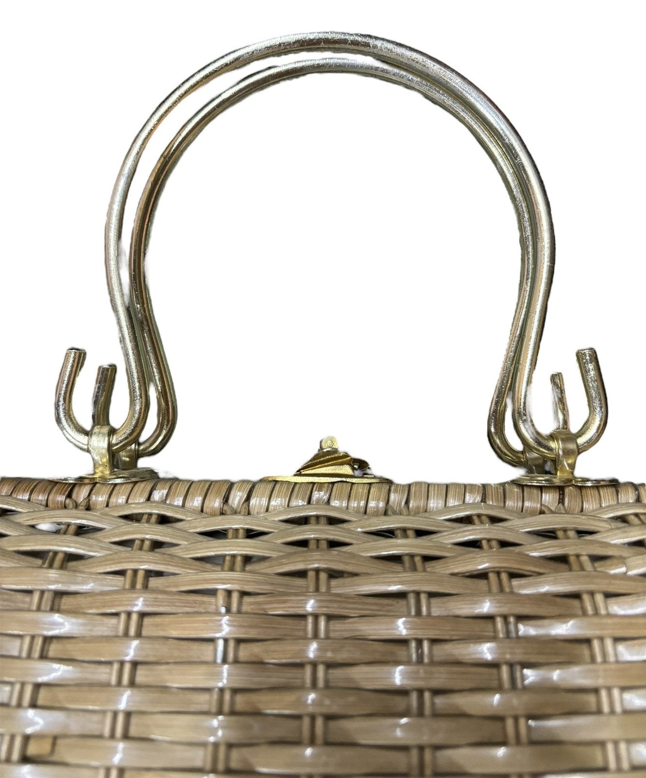 Purse Wicker Bag Gold Handles White Interior Dual Pocket Boho Accessory