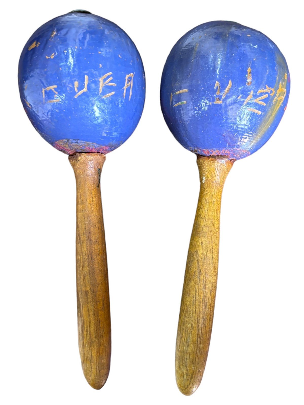 Wooden Maracas From Cuba Hand Painted and Carved Cuea