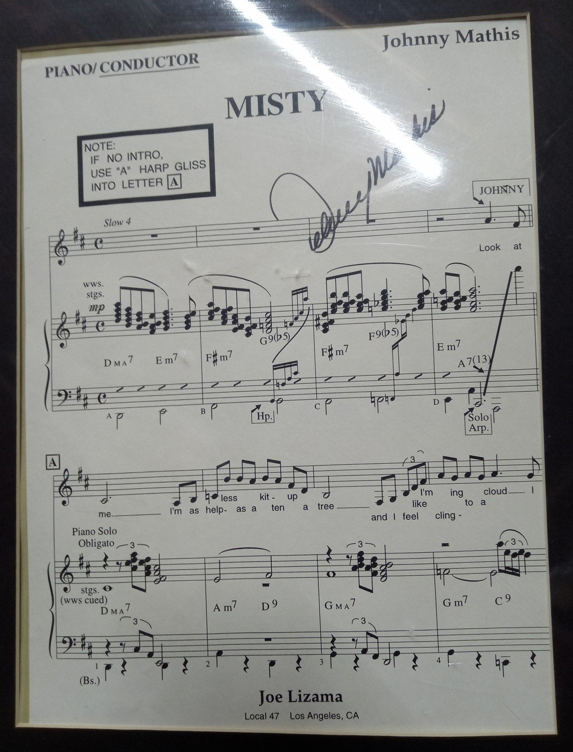 Johnny Mathis Framed Sheet Music & Picture Autographed Vintage Collectible