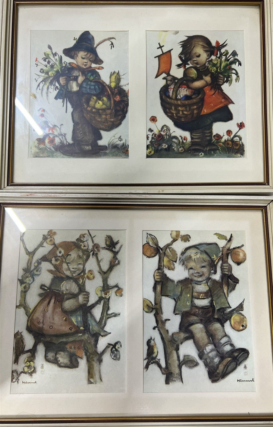 Hummel Original Prints Antique Wood Frame Vintage Set of 4 Frames w/ 8 Pictures
