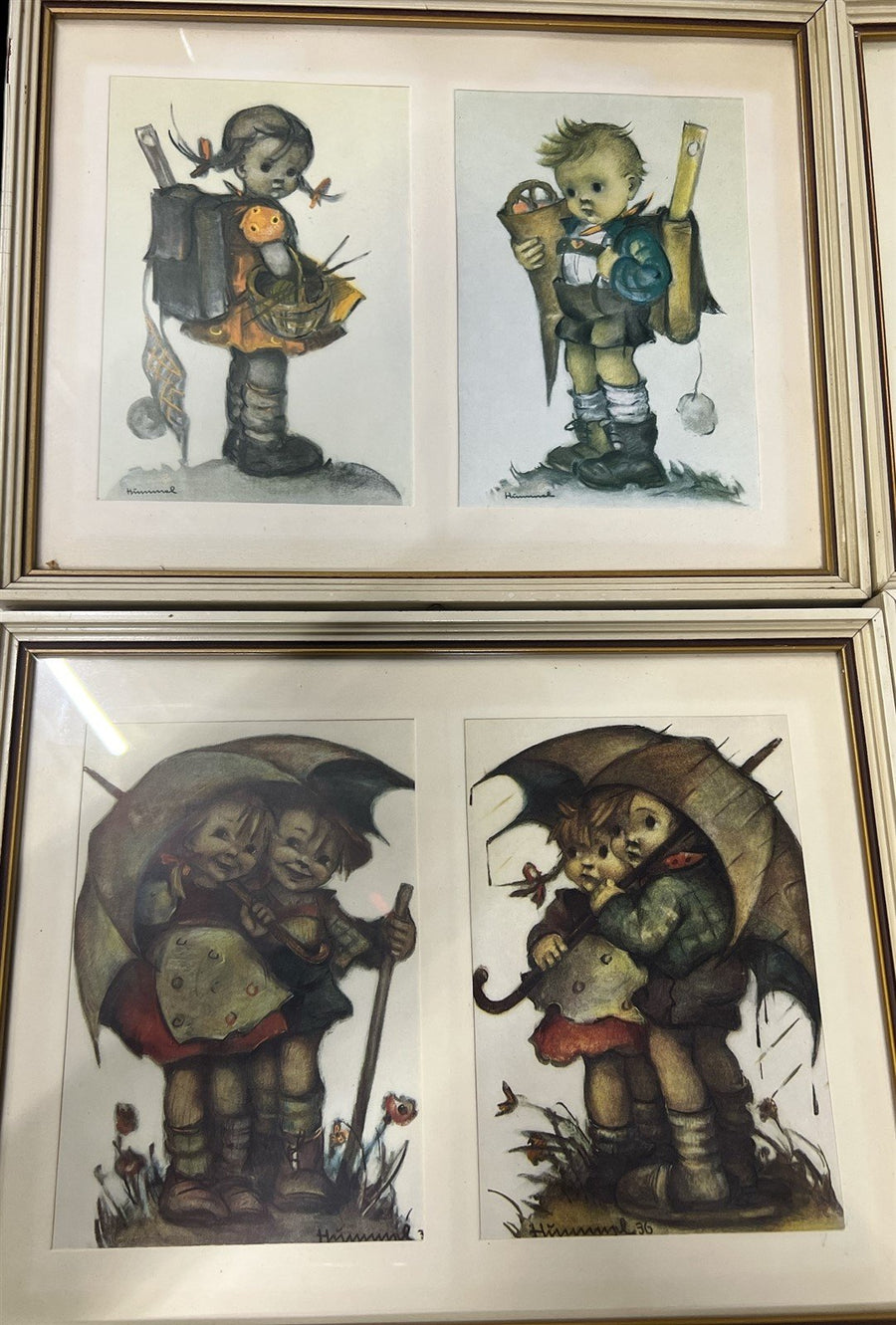 Hummel Original Prints Antique Wood Frame Vintage Set of 4 Frames w/ 8 Pictures