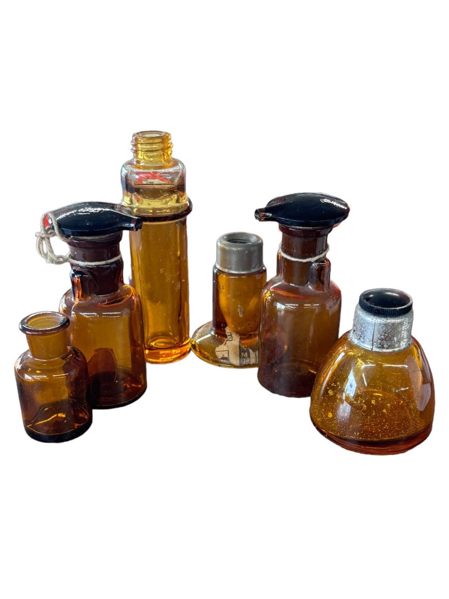 Amber Set of 6 Small Glass Antique Apothecary / Pharmaceutical Bottles