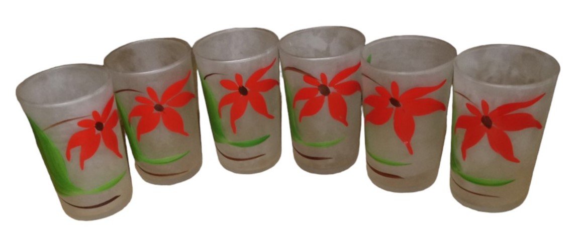 Frosted Floral Glass Drinking Glass & Pitcher Set Vintage Collectible Drinkware