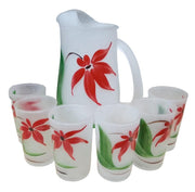 Frosted Floral Glass Drinking Glass & Pitcher Set Vintage Collectible Drinkware