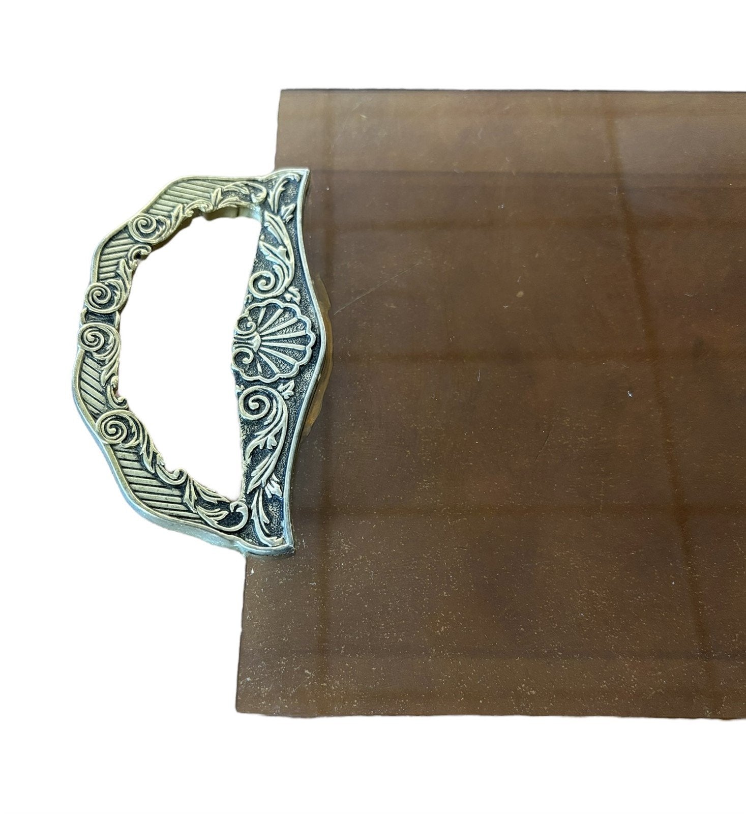 Vanity Tray Brown Amber Glass Brass Handles Serving Tray Vintage Decor