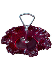 Fenton Ruby Red Hobnail Candy Dish Silver Handle Vintage